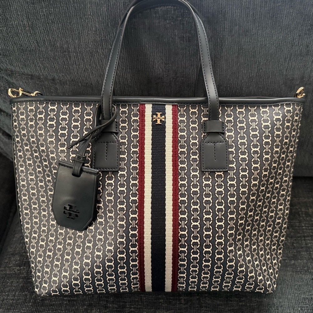 Tory Burch Patterned Tote with Navy and Red Stripes